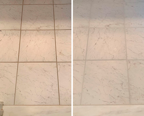 Bathroom Floor Before and After a Grout Recoloring in Shelby Township