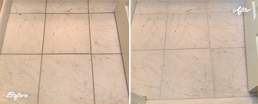 Bathroom Floor Before and After a Grout Recoloring in Shelby Township