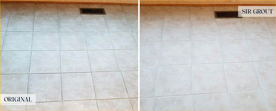 Hallway Floor Before and After a Grout Sealing in Rochester