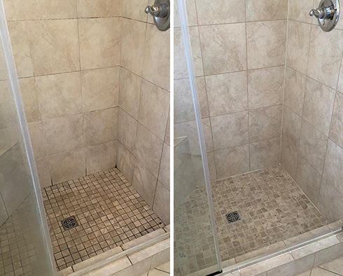 Tile Shower Before and After Our Hard Surface Restoration Services in Rochester