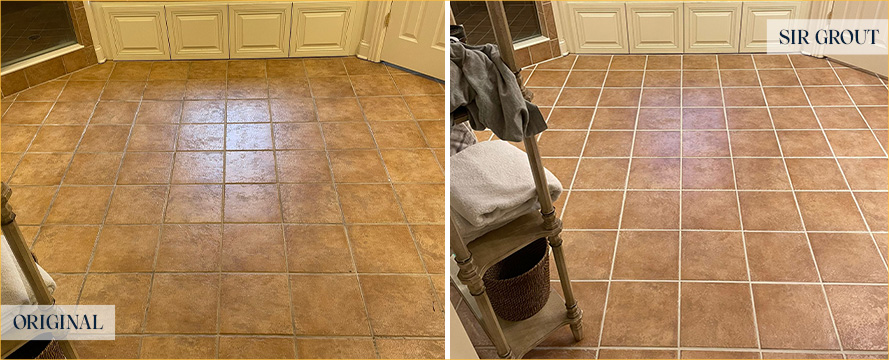 Bathroom Floor Before and After a Grout Cleaning in Rochester